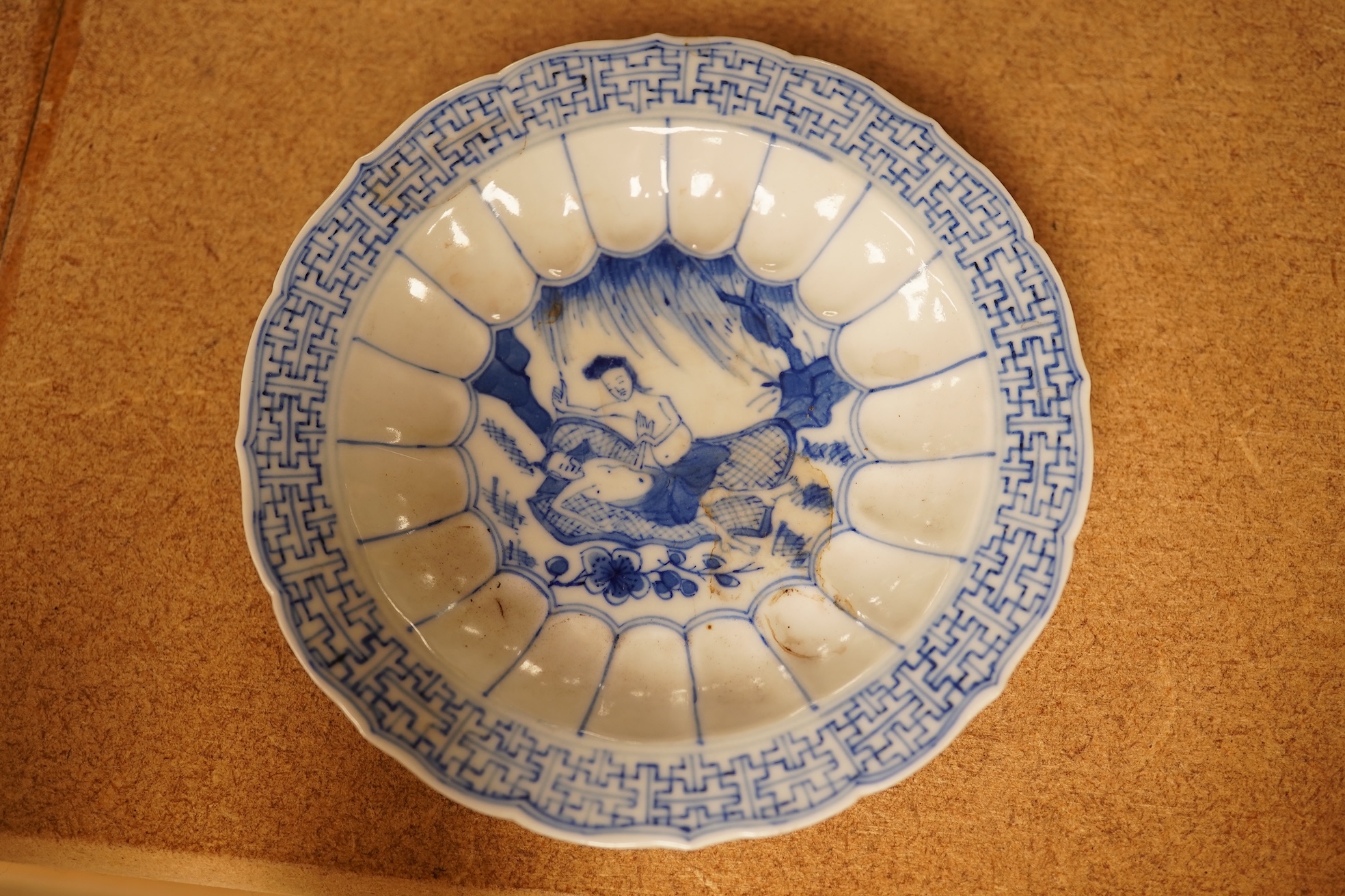 Two Chinese blue and white tea bowls and saucers, saucer 10cm diameter.